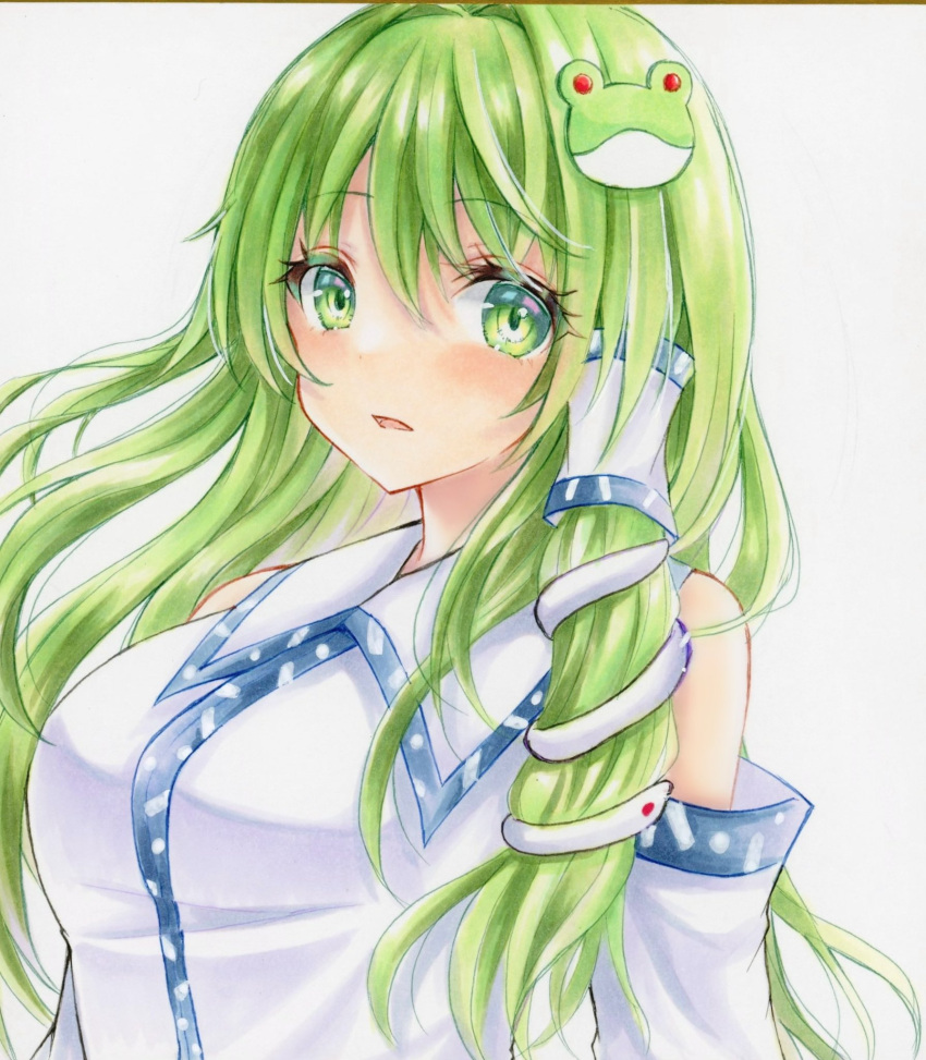 1girl 2424yume breasts collared_shirt detached_sleeves frog_hair_ornament green_eyes green_hair hair_ornament highres kochiya_sanae long_hair looking_at_viewer shirt single_hair_tube snake_hair_ornament solo touhou traditional_media white_background white_shirt