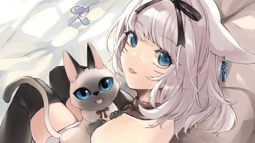 1girl animal animal_ears black_ribbon black_thighhighs blue_eyes cat cat_ears commentary_request earrings eyebrows_hidden_by_hair final_fantasy final_fantasy_xiv from_behind grey_hair highres holding holding_animal holding_cat imitating jewelry long_hair looking_at_viewer looking_back medium_hair meme_attire miqo'te nanase_kokono on_bed ribbon skindentation slit_pupils solo thighhighs tongue tongue_out virgin_killer_sweater warrior_of_light_(ff14)