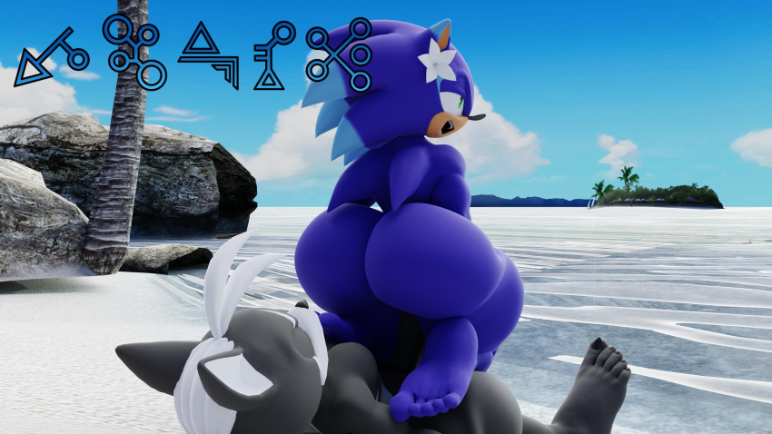 5_toes absurd_res anthro aster_(artist) beach big_butt blue_body blue_fur butt canid canine canis duo eulipotyphlan feet flower fur hedgehog hi_res humanoid infinite_(sonic) jackal male male/male mammal plant riding seaside sega sex sonic_forces sonic_the_hedgehog sonic_the_hedgehog_(series) toes water