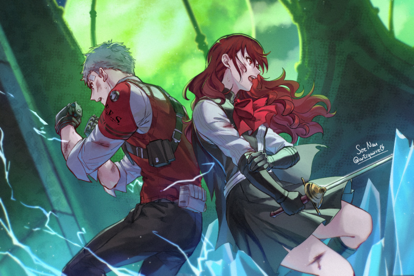 1boy 1girl armband battle black_gloves bleeding blood bruise collared_shirt cuts duel fighting gloves hair_over_one_eye holding holding_sword holding_weapon injury kirijou_mitsuru long_hair long_sleeves persona persona_3 persona_3_reload rapier red_armband red_eyes red_hair s.e.e.s sanada_akihiko shirt skirt soc_nau sword weapon