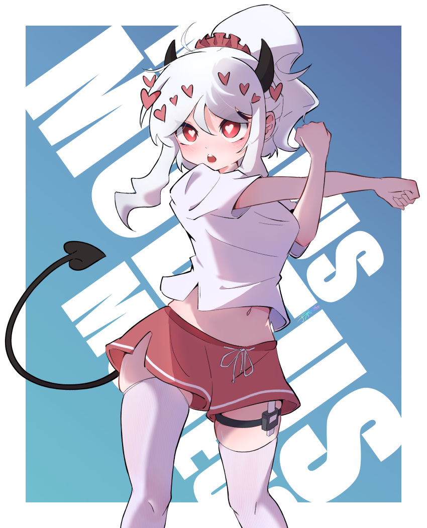 1girl absurdres black_horns character_name commentary_request demon demon_girl demon_horns demon_tail heart heart-shaped_pupils helltaker highres horns midriff modeus_(helltaker) navel red_eyes red_shorts shirt shorts stretching symbol-shaped_pupils tail thighhighs white_hair white_shirt white_thighhighs