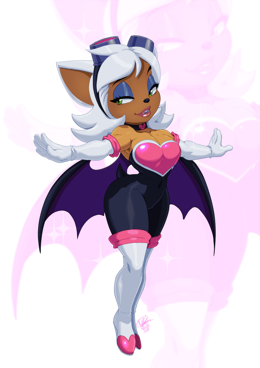 2021 anthro armwear bat boots breasts cleavage clothed clothing dark_body dark_skin elbow_gloves eyewear eyewear_on_head female footwear gloves goggles goggles_on_head hair handwear hi_res high_heeled_boots high_heels lipstick makeup mammal narrowed_eyes rouge_the_bat sega signature simple_background solo sonic_the_hedgehog_(series) tovio_rogers white_hair wings