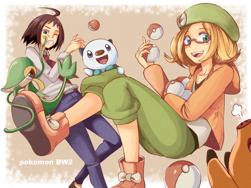 1boy 1girl ahoge bianca_(pokemon) black_hair blonde_hair blue_eyes cheren_(pokemon) collarbone collared_shirt copyright_name glasses green_eyes green_headwear green_pants highres holding holding_poke_ball jaguji_(jaguzzi) necktie oshawott pants poke_ball poke_ball_(basic) pokemon pokemon_(creature) pokemon_bw2 red_necktie shirt snivy teeth tepig