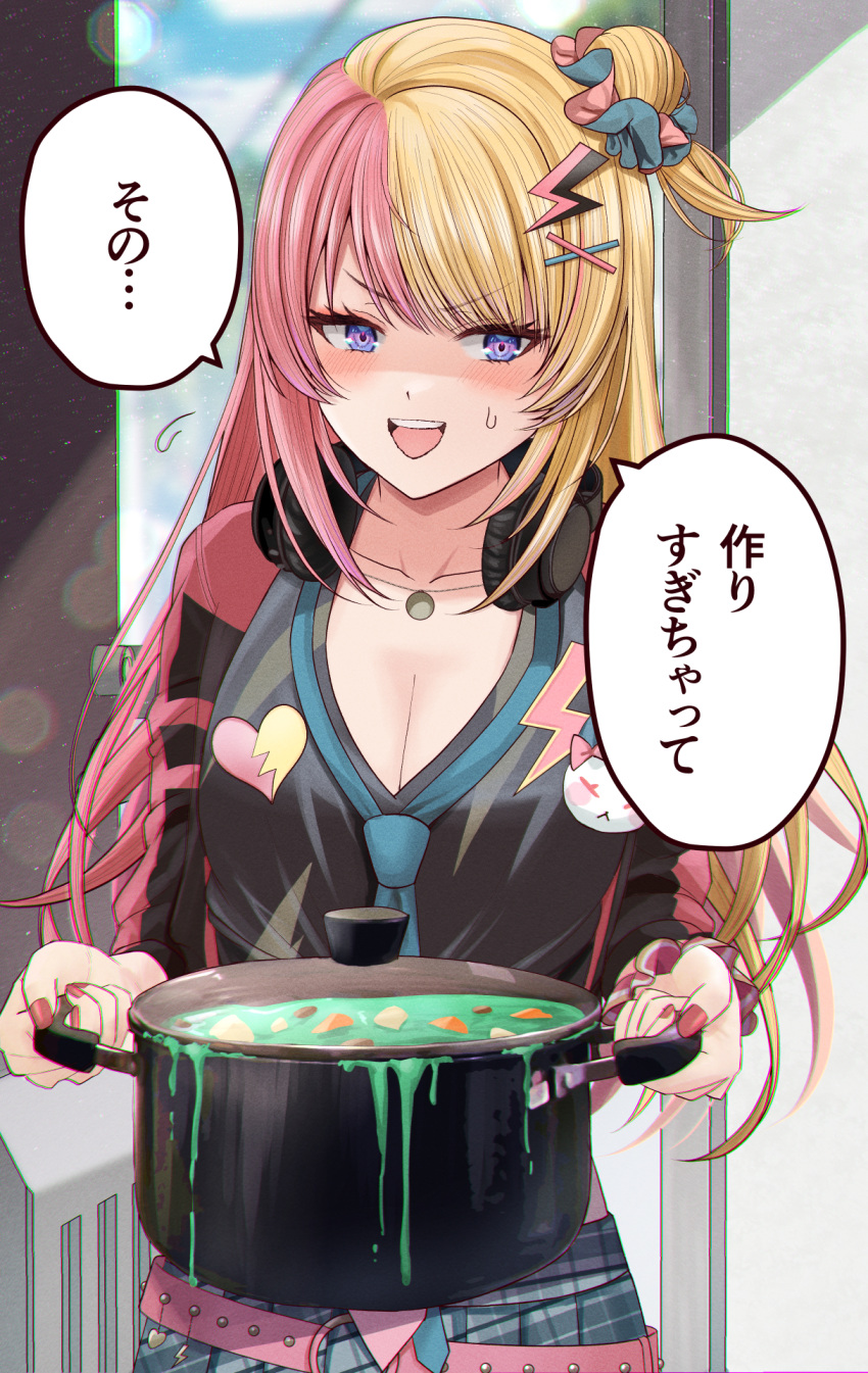 1girl bad_food belt blonde_hair blue_eyes blue_necktie blush breasts cleavage commentary_request cooking_pot cropped_jacket hair_ornament hair_scrunchie headphones headphones_around_neck highres holding_cooking_pot jewelry kashiwagi_touko kotoka_torahime large_breasts lightning_bolt_hair_ornament lightning_bolt_symbol long_hair multicolored_hair necklace necktie nijisanji nijisanji_en pink_belt pink_hair pink_nails scrunchie skirt solo split-color_hair sweat two-tone_hair virtual_youtuber wrist_scrunchie x_hair_ornament