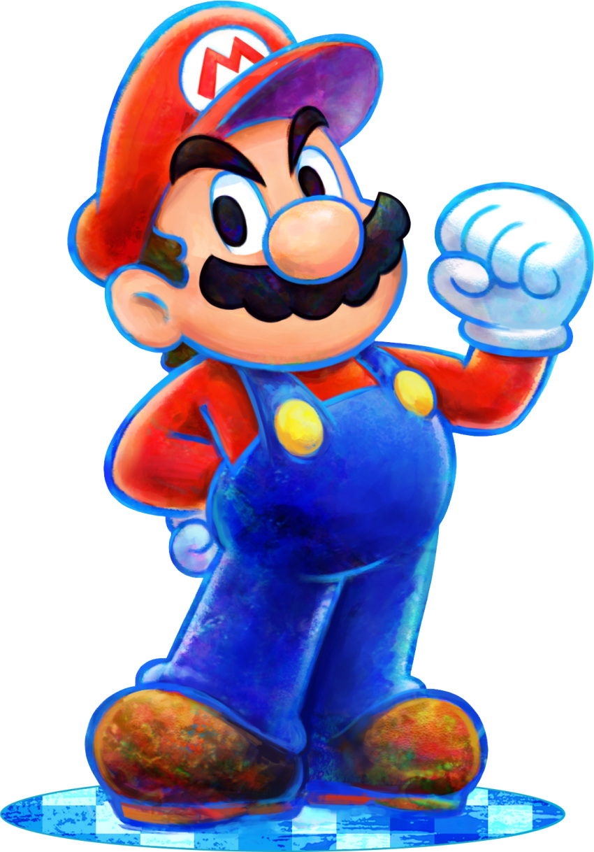 1boy artist_request big_nose black_eyes blue_outline blue_overalls brown_footwear brown_hair buttons cabbie_hat clenched_hands facial_hair full_body gloves hand_on_own_hip hand_up hat highres long_sleeves looking_at_viewer male_focus mario mario_&amp;_luigi:_dream_team mario_&amp;_luigi_rpg mario_(series) mustache official_art outline overalls red_headwear red_shirt red_sleeves shirt shoes short_hair solo thick_eyebrows tile_floor tiles transparent_background very_short_hair white_gloves