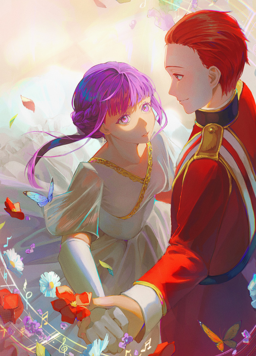 1boy 1girl absurdres ballroom_dancing braid bug butterfly closed_mouth dancing dress elbow_gauntlets fern_(sousou_no_frieren) flower french_braid gloves hair_slicked_back height_difference hetero highres jacket light_smile looking_at_another military_uniform musical_note nuomirice parted_lips purple_eyes purple_hair red_eyes red_hair red_jacket sash sousou_no_frieren stark_(sousou_no_frieren) uniform white_dress white_gloves