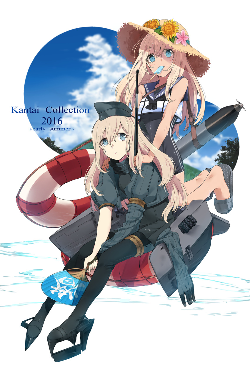2girls afloat bad_id bad_pixiv_id bangs belt black_legwear blonde_hair blue_eyes blue_sky closed_mouth cloud copyright_name crop_top crop_top_overhang cropped_jacket day dress dripping dual_persona eyebrows eyebrows_visible_through_hair fan flower food food_in_mouth frown garrison_cap gloves gloves_removed hair_between_eyes hand_on_another's_shoulder hat hat_flower hat_ribbon highres holding holding_fan kantai_collection kneeling lifebuoy long_hair looking_at_viewer looking_to_the_side military military_uniform multiple_girls ocean one-piece_tan own_hands_together pantyhose paper_fan pink_flower popsicle projected_inset puffy_short_sleeves puffy_sleeves radio_antenna ribbon ro-500_(kantai_collection) rope rudder_shoes sailor_collar school_swimsuit shade short_dress short_sleeves single_glove sitting sky sleeveless slippers smile stitches straw_hat summer sunflower sweat swimsuit swimsuit_under_clothes tan tanline torpedo touzai_(poppin_phl95) tree turtleneck u-511_(kantai_collection) uchiwa uniform water wet white_background