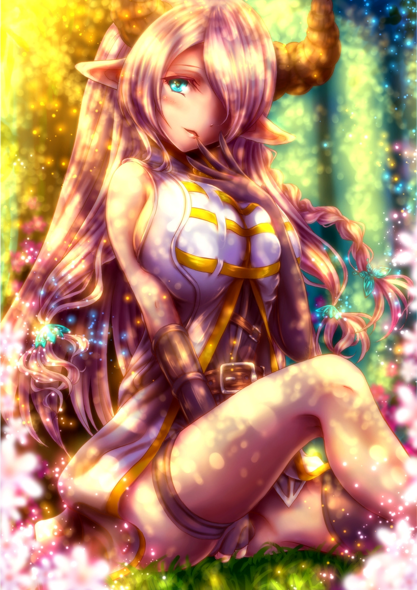 belt black_gloves blue_eyes braid breasts covering_pussy cow_girl cow_horns elbow_gloves female fingerless_gloves gloves granblue_fantasy hair_ornament hair_over_one_eye highres horns long_hair looking_at_viewer narumeia_(granblue_fantasy) pink_hair pointy_ears shiny sideboob sitting solo thighs yunomoto_chihiro