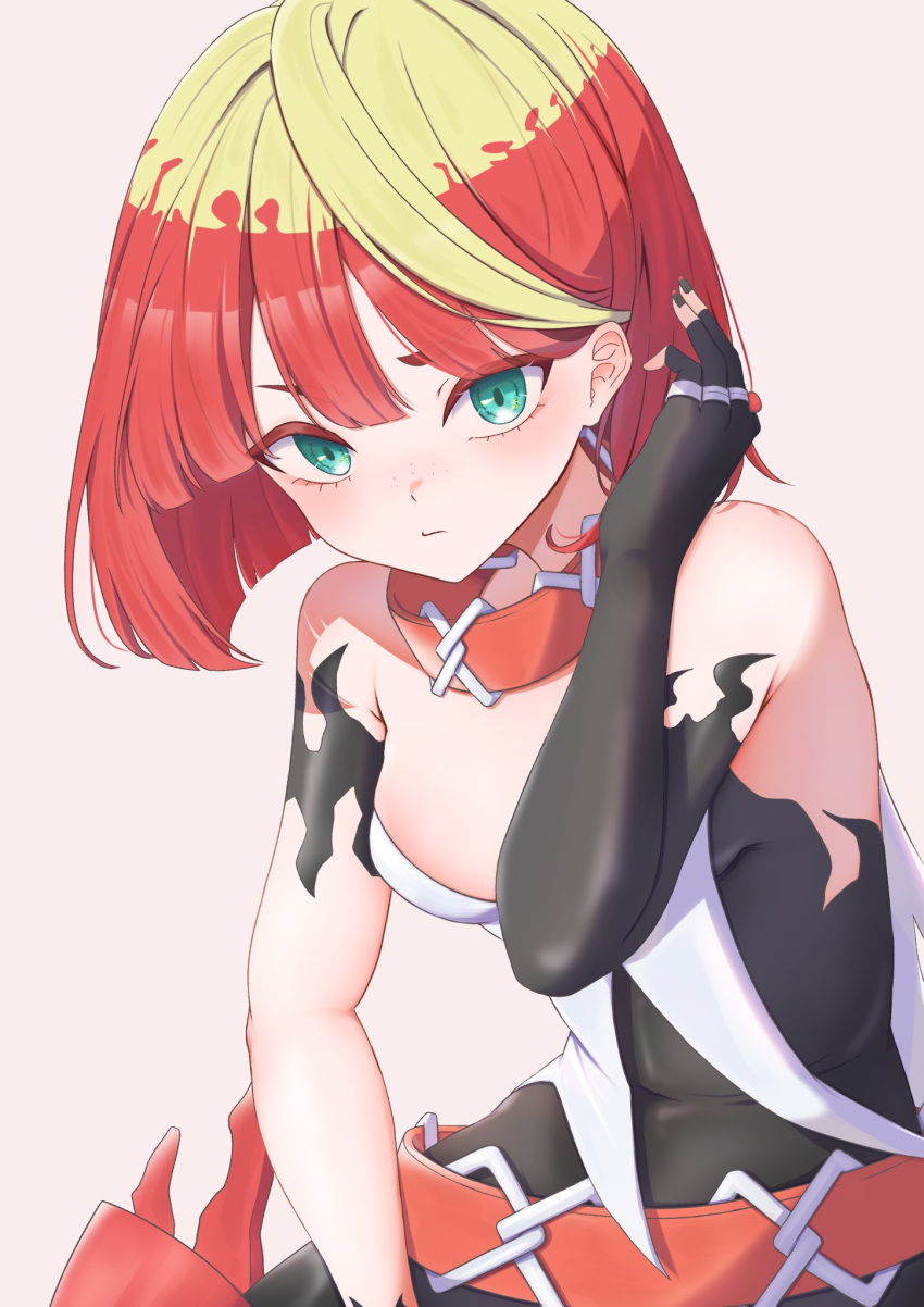 1girl bare_shoulders belt black_bodysuit blonde_hair bob_cut bodysuit breasts collar fiery_clothing freckles green_eyes highres large_shoes mela_(pokemon) mochitaro_(mothitaroo) multicolored_hair orange_belt orange_collar pokemon pokemon_sv raised_eyebrow red_hair shoes single_bare_arm solo team_star two-tone_hair