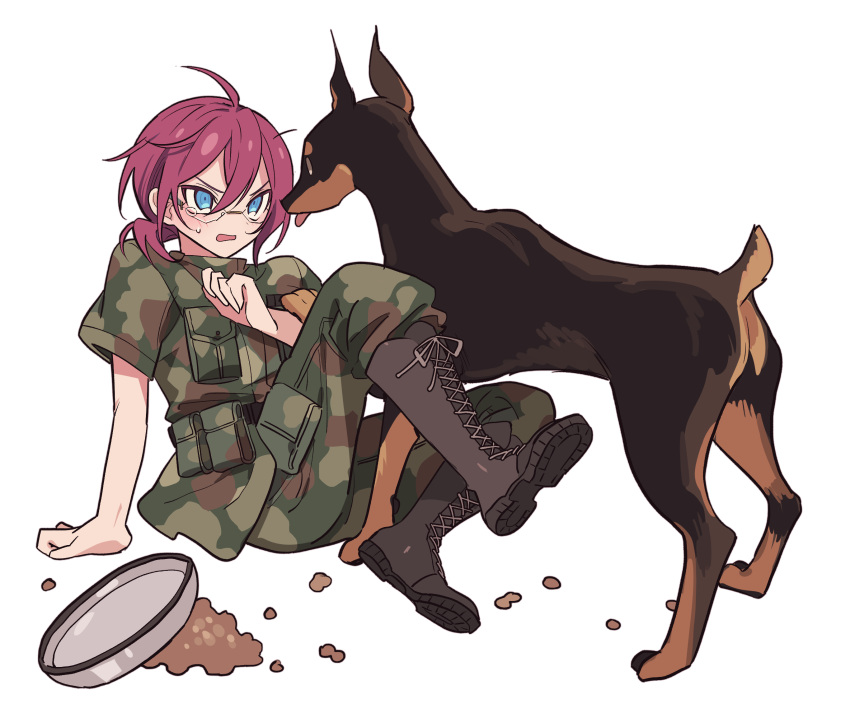 1boy ahoge arm_support belt_pouch blue_eyes blush boots bowl brown_footwear camouflage camouflage_jacket cross-laced_footwear doberman dog ensemble_stars! frown full_body furrowed_brow glasses hair_between_eyes hand_up highres jacket knee_boots knee_up lace-up_boots looking_at_animal low_ponytail male_focus meremero military military_uniform open_mouth pet_bowl pet_food pouch purple_hair saegusa_ibara short_hair short_sleeves simple_background sitting tearing_up uniform white_background