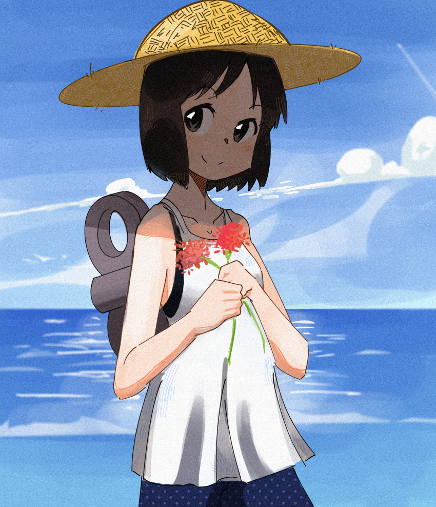 absurdres android black_eyes black_hair chanzai cloud day flower hat highres holding holding_flower nichijou ocean outdoors scenery shinonome_nano short_hair sky smile straw_hat summer waves winding_key