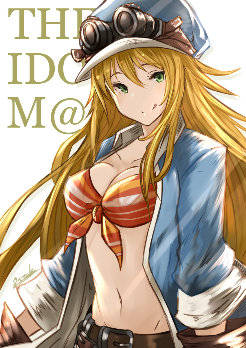 :q absurdres arms_at_sides artist_name belt belt_buckle bikini blonde_hair blue_hat blue_jacket breasts brown_gloves buckle cleavage closed_mouth collarbone copyright_name cosplay gloves goggles goggles_on_head granblue_fantasy green_eyes hair_between_eyes hasegawa_akiko hat head_tilt highres hoshii_miki idolmaster idolmaster_(classic) jacket large_breasts long_hair long_sleeves mary_(granblue_fantasy) mary_(granblue_fantasy)_(cosplay) navel open_clothes open_jacket orange_bikini seiyuu_connection signature simple_background sleeves_folded_up solo stomach striped striped_bikini swimsuit tongue tongue_out upper_body very_long_hair white_background yatsuka_(846)
