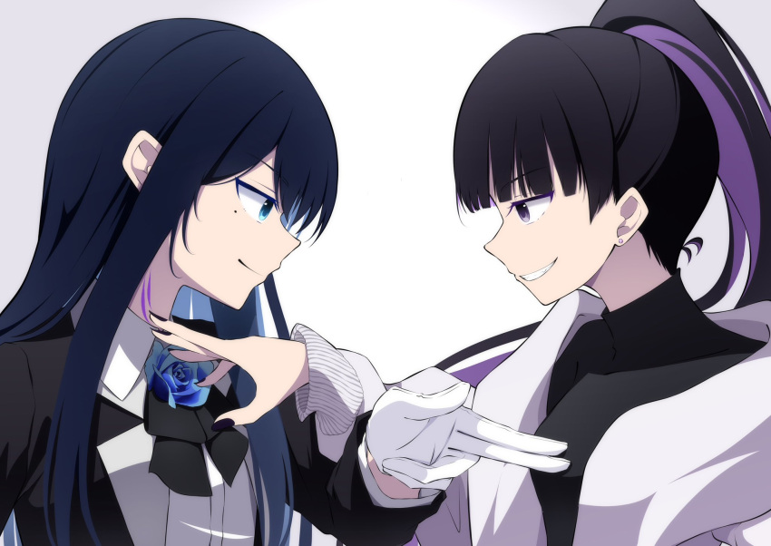 2girls ado_(utaite) black_bow black_bowtie black_coat black_hair black_nails black_shirt blue_flower blue_hair blue_rose bow bowtie breasts chando_(ado) clenched_hands closed_mouth cloud_nine_inc coat collared_shirt colored_inner_hair commentary_request company_connection dress_shirt earrings eye_contact floating_hair flower flower_brooch gloves highres jacket jewelry lone_nape_hair long_hair long_sleeves looking_at_another medium_breasts mole mole_under_eye multicolored_hair multiple_girls nail_polish nori_(norinori_yrl) open_clothes open_jacket pointing pointing_at_another ponytail purple_eyes purple_hair rose shirt sidelocks simple_background smile stud_earrings turtleneck upper_body utaite white_background white_gloves white_jacket white_shirt yoshino_(utaite)