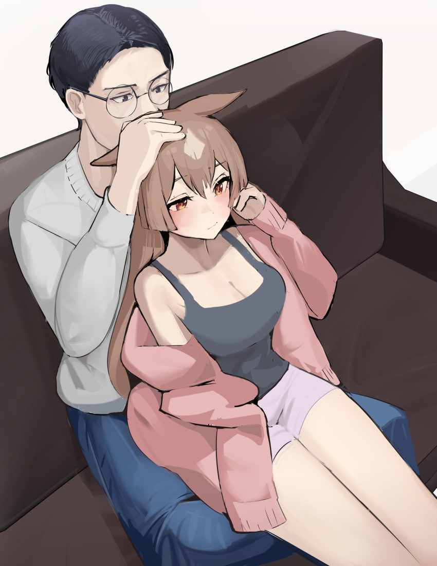 1boy 1girl absurdres alternate_costume animal_ears bare_shoulders black_hair blush breasts cardigan cardigan_partially_removed cleavage closed_mouth commentary_request couch grey_sweater grey_tank_top headpat highres horse_ears horse_girl lap large_breasts long_sleeves on_couch open_cardigan open_clothes pink_sweater round_eyewear satono_diamond_(umamusume) short_hair short_shorts shorts simple_background sitting sitting_on_lap sitting_on_person solokitsune sweater tank_top trainer_(umamusume) umamusume white_background white_shorts yellow_eyes