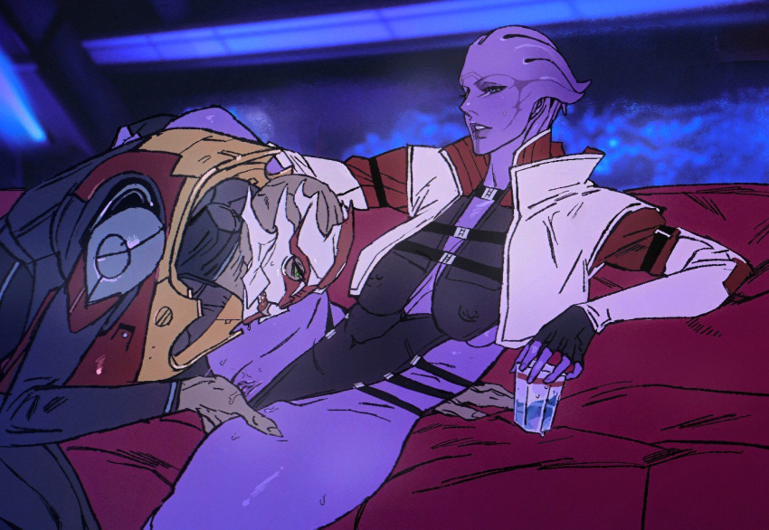 2girls after_cunnilingus alcohol alien aria_t'loak_(mass_effect) asari_(mass_effect) assertive_female bald bald_girl black_leotard blue_eyes breasts cbb_(tuucoo) chest_harness clothed_sex clothing_aside colored_skin couch covered_nipples cropped_jacket cup facial_mark fewer_digits fingering green_eyes grey_skin harness holding holding_cup interspecies large_breasts leg_up leotard leotard_aside mass_effect_(series) mass_effect_3 mature_female multiple_girls nipple_piercing nyreen_kandros piercing purple_pussy purple_skin pussy short_hair sideboob spread_legs tentacle_hair thick_thighs thighs turian uncensored yuri