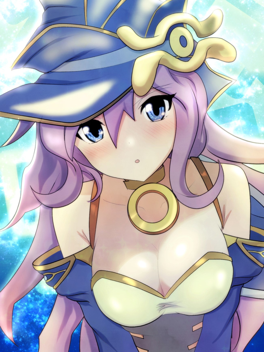 1girl bare_shoulders blue_eyes blue_sleeves breasts cleavage collarbone detached_sleeves dress duel_monster eye_of_horus green_dress hair_over_one_eye hat highres long_hair long_sleeves nightmare_apprentice purple_hair solo upper_body usuba_kagerou_(shougyouchu) wizard_hat yu-gi-oh!