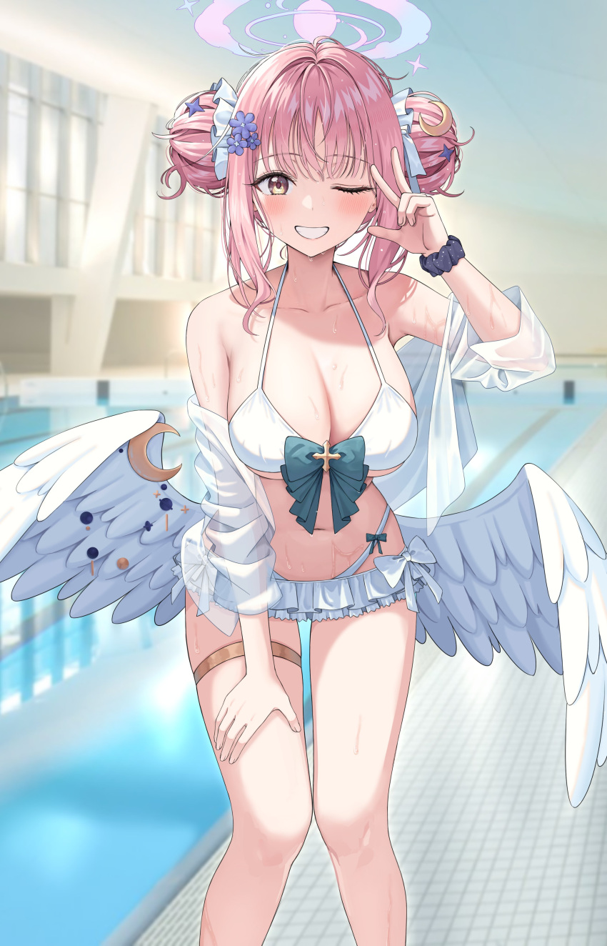 1girl absurdres angel_wings bikini blue_archive blush breasts cleavage commentary double_bun feathered_wings feet_out_of_frame grin hair_bun highres large_breasts looking_at_viewer mika_(blue_archive) ojyomu one_eye_closed pink_hair short_hair smile solo swimsuit wet white_bikini white_wings wings yellow_eyes