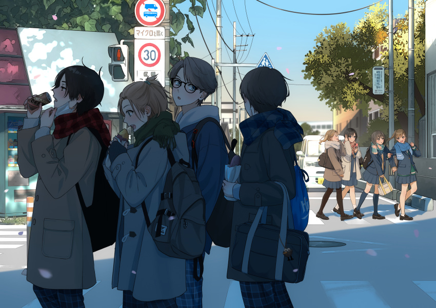 4boys 4girls absurdres backpack bag black_footwear black_pantyhose blazer blue_eyes blue_jacket blue_pants blue_scarf blue_skirt blue_socks brown_coat brown_hair brown_sweater building can cellphone coat commentary_request crosswalk dappled_sunlight earphones floating_hair food glasses green_scarf green_sweater grey_coat highres holding holding_can holding_food holding_phone jacket kneehighs light_brown_hair loafers locked_arms long_hair long_sleeves looking_at_another macaronk mask_pull multiple_boys multiple_girls open_mouth original outdoors pants pantyhose phone pink_scarf plaid plaid_pants pleated_skirt ponytail power_lines red_scarf road road_sign scarf school_bag school_uniform shared_earphones shoes short_hair shoulder_bag sign skirt sleeves_past_wrists smartphone smartphone_case socks speed_limit_sign street sunlight sweater teeth traffic_light tree twintails utility_pole vending_machine walking white_socks winter_clothes