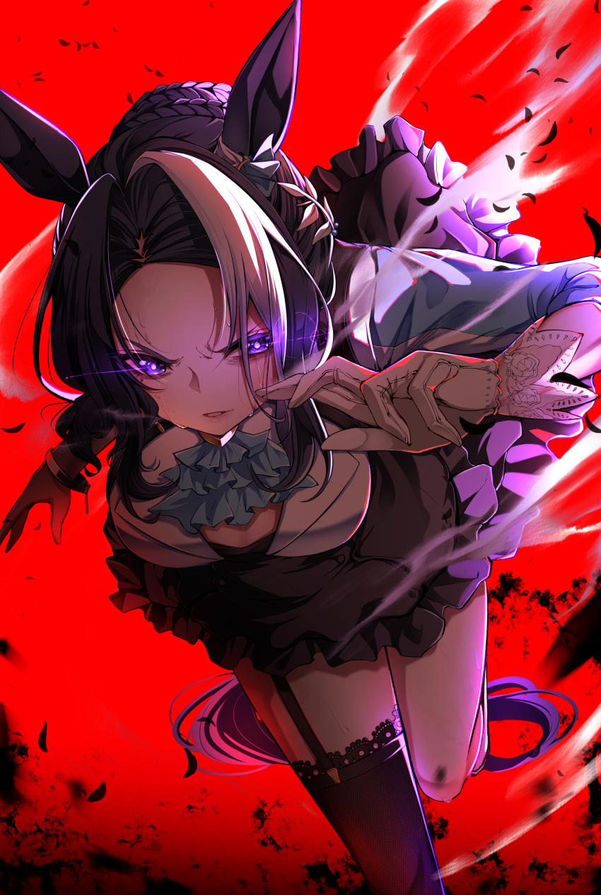 1girl absurdres animal_ears ascot blue_ascot commentary_request garter_straps gloves hero_(10cl3) highres horse_ears horse_girl horse_tail lace-trimmed_gloves lace_trim looking_at_viewer mejiro_ramonu_(umamusume) purple_eyes red_background running single_glove solo tail umamusume