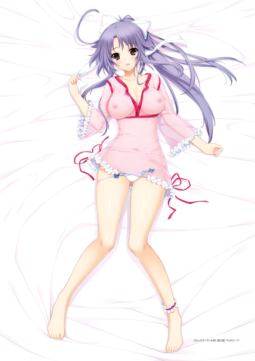 ankle_cuffs ass_visible_through_thighs barefoot bed_sheet blush bow bow_panties breasts brown_eyes chemise cleavage dakimakura full_body hair_bow hair_ribbon highres iizuki_tasuku large_breasts long_hair looking_at_viewer lovely_x_cation_2 lying narukawa_hime non-web_source on_back open_mouth panties panty_pull ponytail purple_hair ribbon scan see-through sidelocks solo underwear underwear_only white_panties wide_sleeves