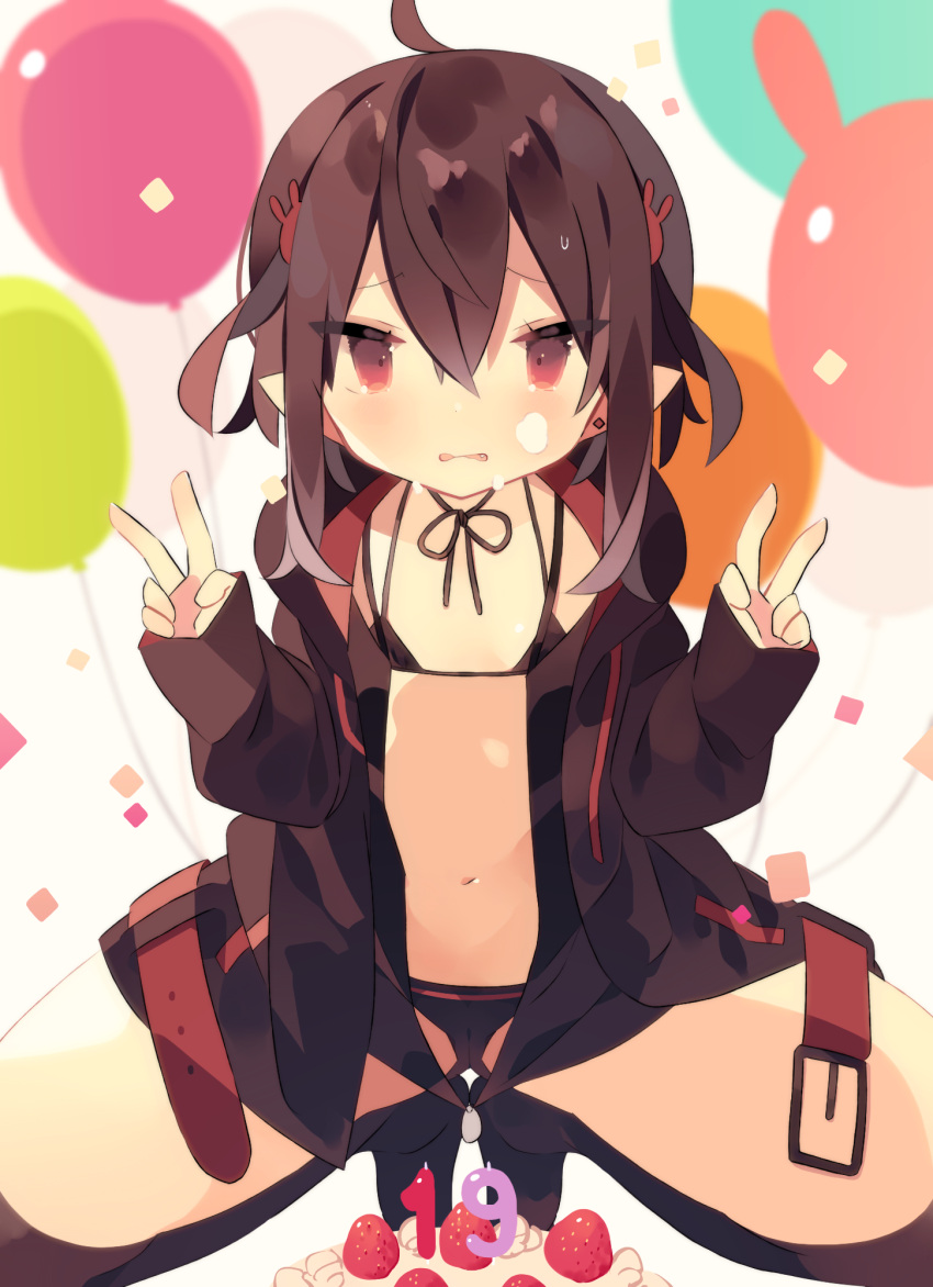 1girl ahoge balloon bikini bikini_under_clothes birthday_cake black_bikini black_jacket black_thighhighs blush brown_hair cake cameltoe confetti double_v earrings food food_on_face hair_between_eyes hair_ornament highres hood hood_down hooded_jacket jacket jewelry long_sleeves mimo_lm navel no_shoes original parted_lips pointy_ears puffy_long_sleeves puffy_sleeves rabbit_hair_ornament red_eyes sleeves_past_wrists solo squatting stud_earrings swimsuit thighhighs tiptoes translation_request v