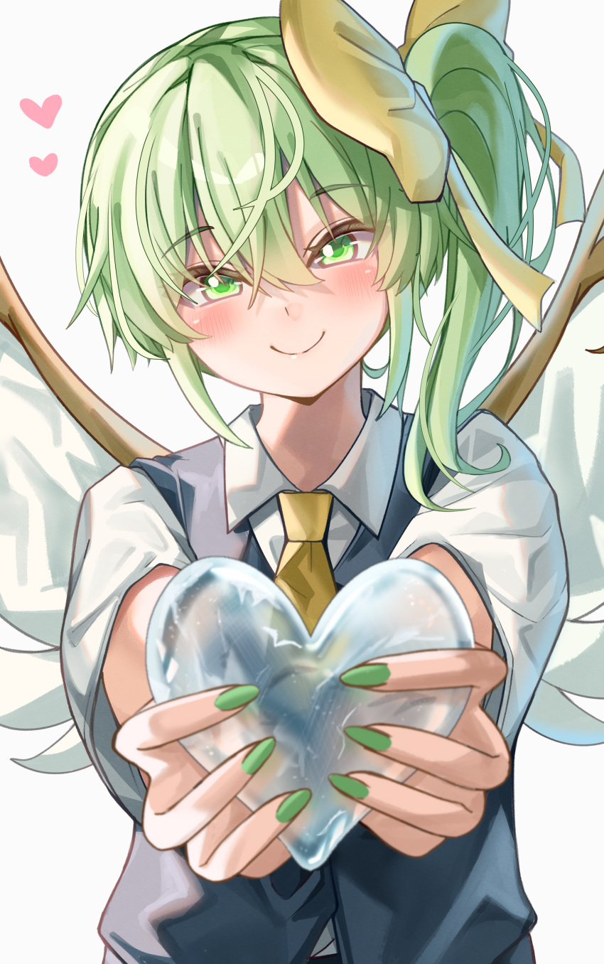 1girl absurdres ascot blush closed_mouth collared_shirt commentary_request daiyousei fairy_wings green_eyes green_hair green_nails heart highres holding holding_heart looking_at_viewer maboroshi_mochi one_side_up shirt short_sleeves simple_background smile solo touhou upper_body white_background white_shirt wings yellow_ascot
