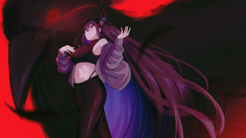 1girl absurdres asymmetrical_horns black_hair black_pants black_shirt blue_hair breasts colored_inner_hair cropped_jacket cropped_shirt demon_horns glowing glowing_eyes grey_jacket hand_on_own_chest highleg highleg_panties highres hololive hololive_english horns jacket large_breasts long_hair looking_at_viewer multicolored_hair nerissa_ravencroft panties pants red_eyes shadow_(nerissa_ravencroft) shirt sleeveless sleeveless_shirt sumosumo underwear very_long_hair virtual_youtuber