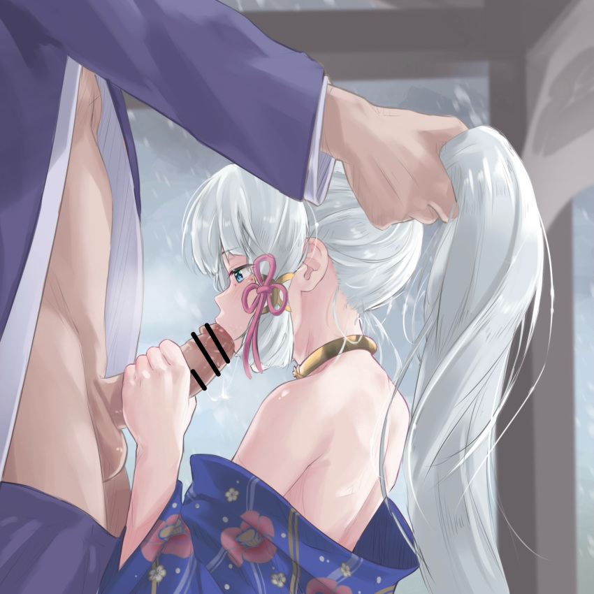 1boy 1girl alternate_costume bar_censor blue_eyes blue_kimono blunt_bangs censored chernyyvo english_commentary fellatio floral_print floral_print_kimono from_side genshin_impact grabbing_another's_hair grey_hair hair_down hair_ribbon hetero highres japanese_clothes jewelry kamisato_ayaka kimono long_hair mole mole_under_eye neck_ring off_shoulder open_clothes open_kimono oral penis print_kimono ribbon snowing tress_ribbon very_long_hair wide_sleeves