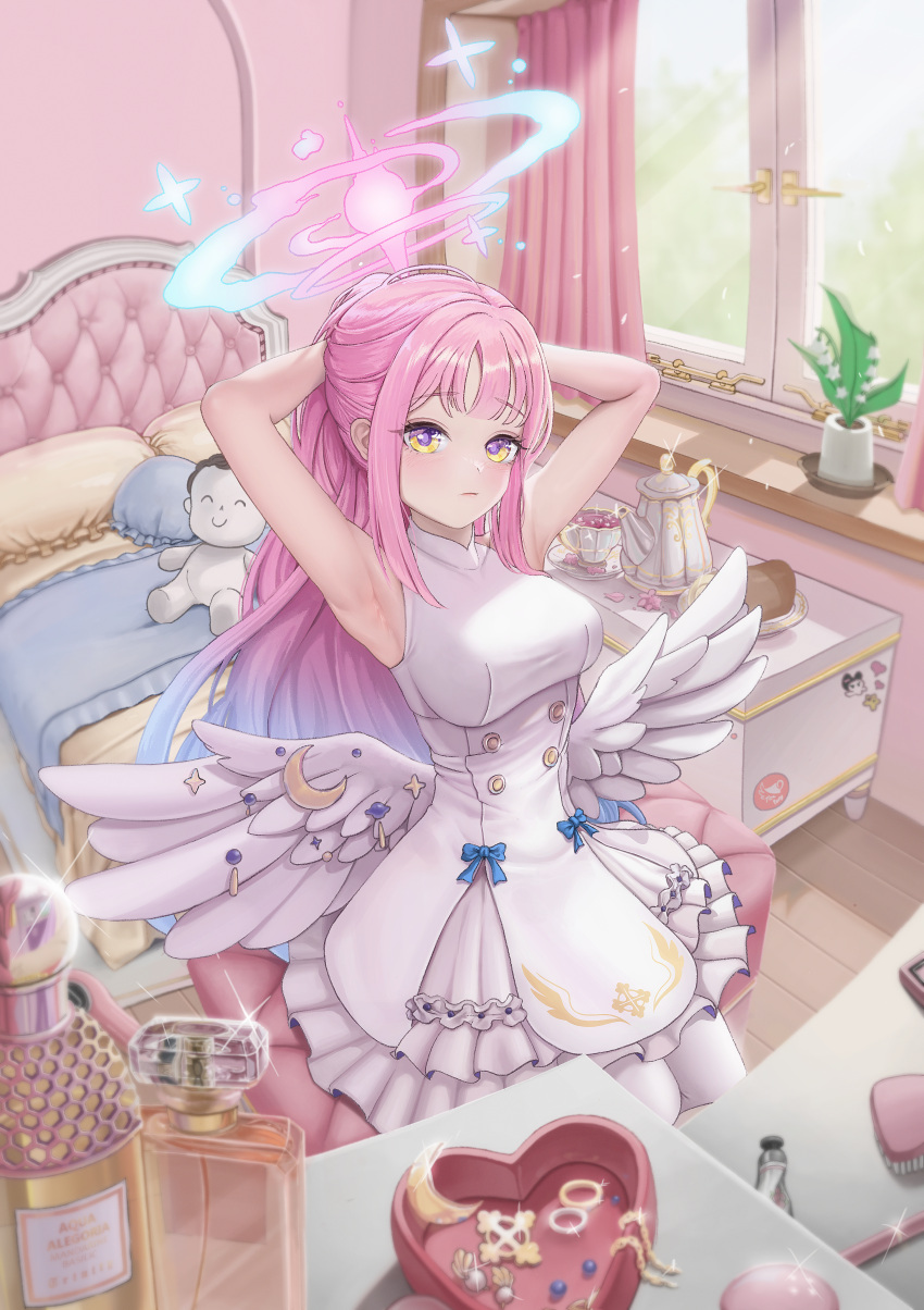 1girl absurdres adjusting_hair angel_wings aqua_halo armpits arms_up bare_arms bed bedroom blue_archive blue_bow blue_hair blush bottle bow box breasts cake chair character_doll closed_mouth comb commentary crescent cross cup curtains day dessert doodle_sensei_(blue_archive) dress feathered_wings food frilled_dress frills glint gradient_halo halo heart heart-shaped_box heart_print high_ponytail highres indoors italian_text jewelry jewelry_box kuromi large_breasts light_blue_hair long_hair looking_at_viewer lotion low_wings mika_(blue_archive) multicolored_hair naeaemgung necklace onegai_my_melody pantyhose parted_bangs perfume_bottle pillow pink_curtains pink_hair pink_halo pink_lips pink_petals plant plate potted_plant purple_eyes reflection ring sanrio sensei_(blue_archive) sitting sleeveless sleeveless_dress solo star_(symbol) star_print swiss_roll table teacup teapot tree two-tone_eyes two-tone_hair underbust unworn_earring unworn_hair_ornament unworn_jewelry unworn_necklace white_dress white_pantyhose white_wings window wings wooden_floor yellow_eyes