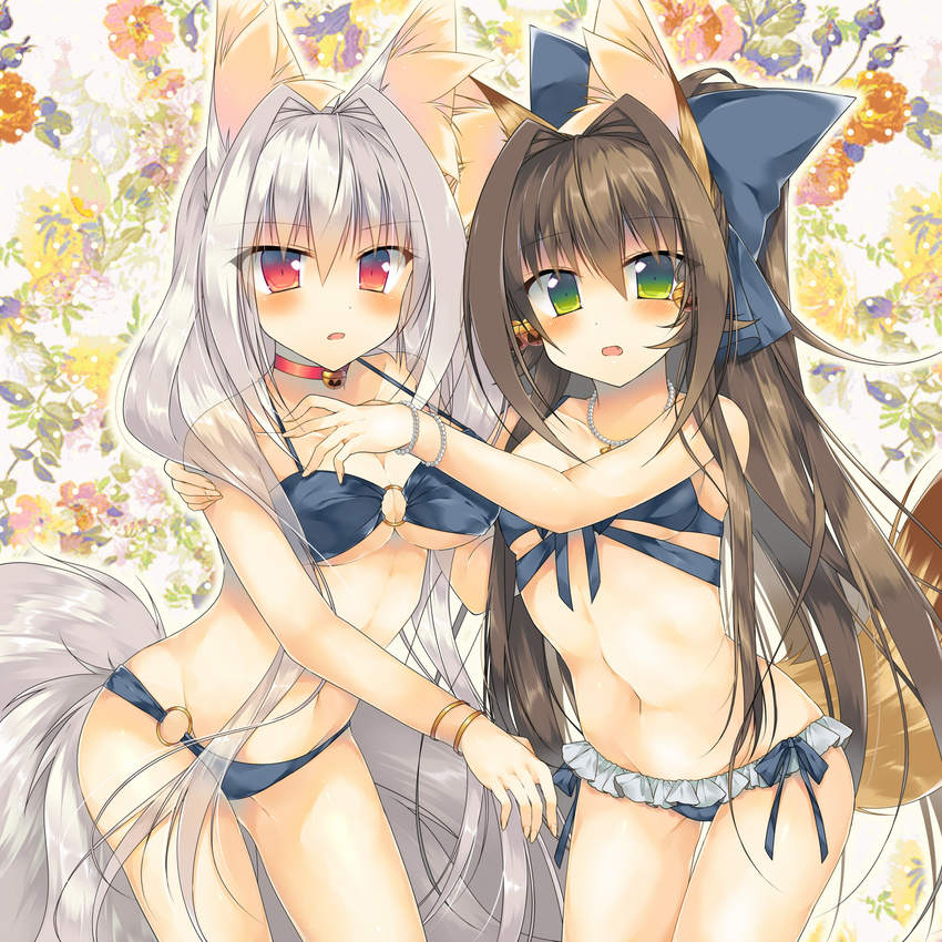 animal_ears bangs bead_bracelet bead_necklace beads bell bell_choker bell_earrings bikini bikini_skirt blue_bikini blue_bow blush bow bracelet breasts brown_hair choker cleavage collarbone cowboy_shot earrings eyebrows eyebrows_visible_through_hair fang fingernails floral_background fox_ears fox_tail frills front-tie_bikini front-tie_top green_eyes grey_hair hair_between_eyes hair_bow hair_intakes half_updo halterneck hand_on_another's_shoulder highres jewelry jingle_bell large_breasts legs_apart long_hair looking_at_viewer monaka_natsume multiple_girls navel necklace o-ring o-ring_bikini o-ring_bottom o-ring_top original outstretched_arms red_eyes side-tie_bikini silver_hair standing stomach surprised swimsuit tail thigh_gap transparent underboob very_long_hair