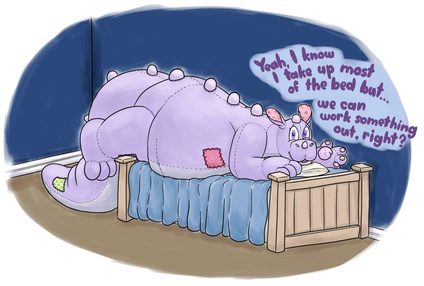 absurd_res animate_inanimate anthro bed bedroom belly big_belly blue_sheets blue_walls dialogue first_person_view floor furniture fwump hi_res hybrid inside living_plushie looking_at_viewer male monocerus pawpads pillow pink_ears plushie purple_body purple_eyes purple_pawpads solo tail text thick_tail white_pillow wood wood_floor