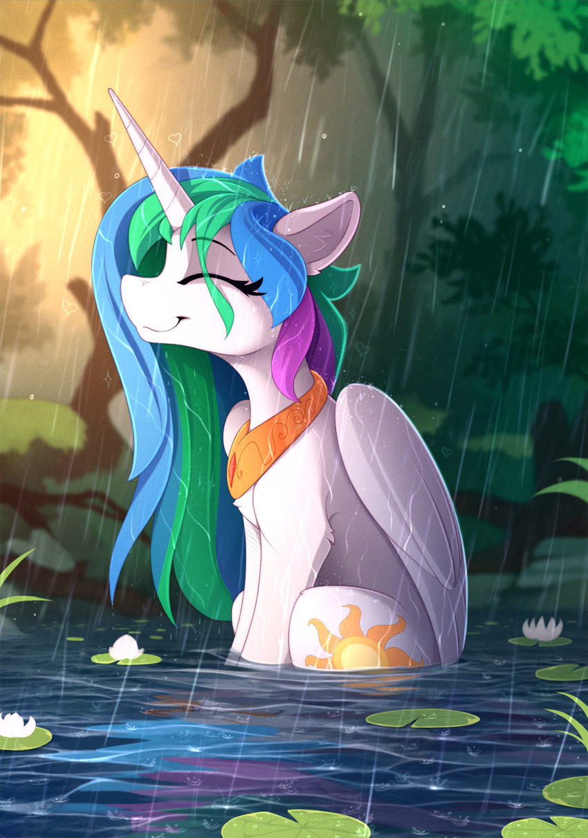 1girl blue_hair celestia_(my_little_pony) closed_eyes flower from_side grey_hair highres horns in_water lily_pad long_hair lotus multicolored_hair my_little_pony my_little_pony:_friendship_is_magic no_humans outdoors purple_hair rain single_horn sitting smile solo tree unicorn water white_fur white_horn white_wings wings yakovlev-vad