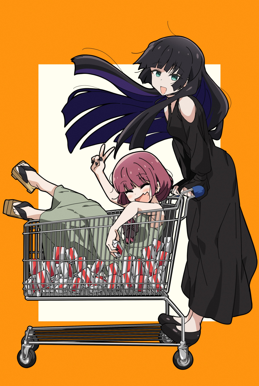 2girls :d absurdres alcohol alcohol_carton aqua_eyes black_bow black_dress black_footwear black_hair black_nails bocchi_the_rock! bow braid carton closed_eyes colored_inner_hair dress fang full_body geta goumonsha green_dress hair_bow highres hime_cut hiroi_kikuri in_shopping_cart long_hair multicolored_hair multiple_girls pa-san purple_hair sake shopping_cart single_braid skin_fang smile two-tone_background two-tone_hair v white_background yellow_background