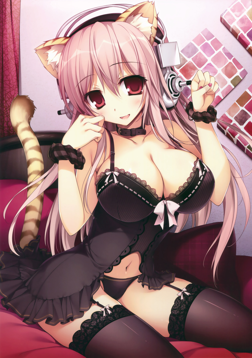 :d absurdres animal_ears babydoll black_legwear black_panties breasts cleavage collar garter_straps headphones highres karory lace lace-trimmed_camisole lace-trimmed_thighhighs lace_trim large_breasts lingerie manicure navel nitroplus open_mouth panties paw_pose pink_hair plaid plaid_scrunchie red_eyes scrunchie sitting smile solo super_sonico tail thighhighs tiger_ears tiger_tail underwear wrist_scrunchie