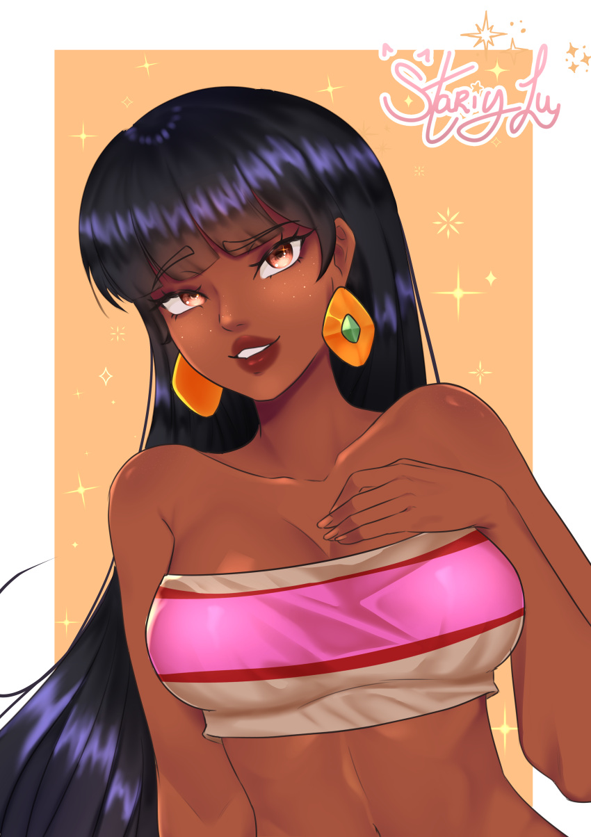 1girl absurdres back bad_tag black_hair black_skin breasts chel_(the_road_to_el_dorado) cleavage colored_skin curvy dark dark-skinned_female dark_skin earrings exotic gold hetero highres huge_breasts jewelry large_breasts looking_at_viewer navel sitting smile solo stariylu topless