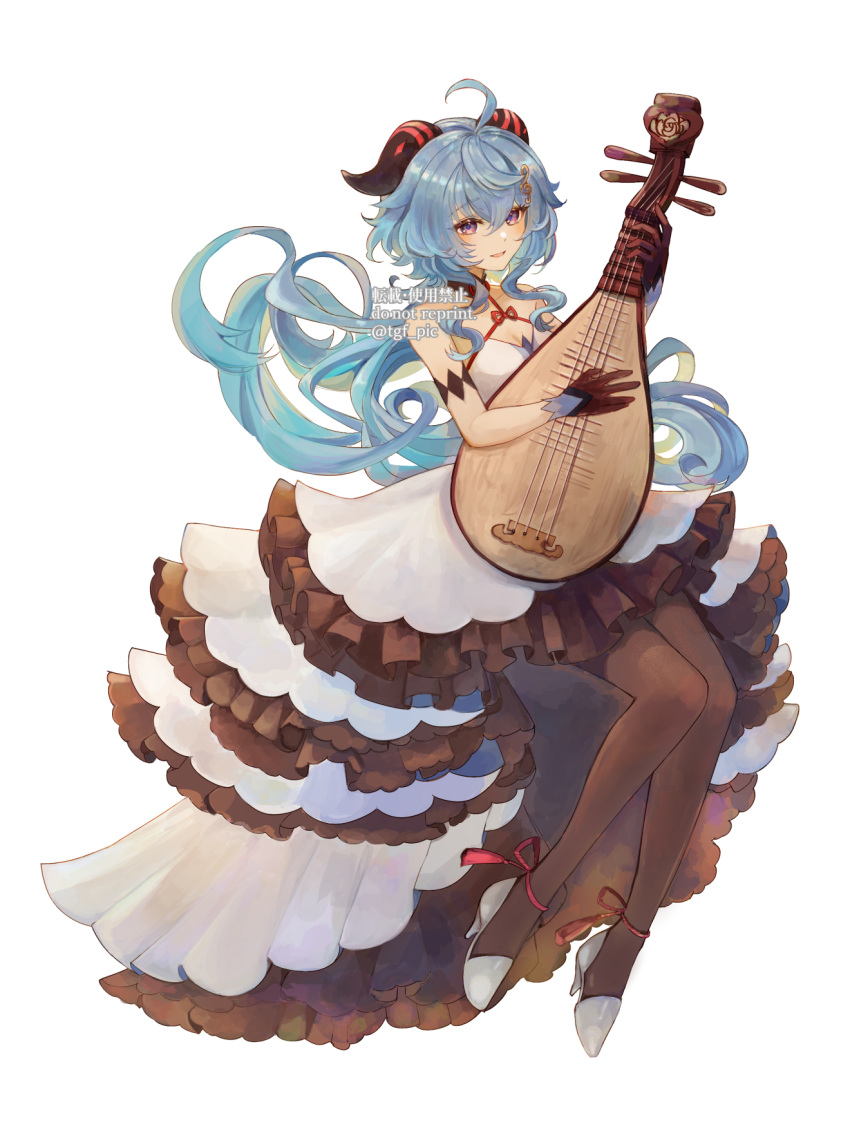 1girl ahoge bare_shoulders black_gloves black_pantyhose blue_hair blush ganyu_(genshin_impact) genshin_impact gloves goat_horns hair_between_eyes high_heels highres holding holding_instrument horns instrument long_hair looking_at_viewer music official_alternate_costume open_mouth pantyhose playing_instrument purple_eyes sidelocks smile solo tgf_pic