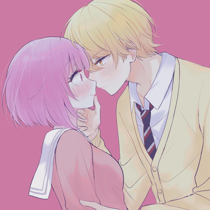 1boy 1girl arms_at_sides blue_necktie blush cardigan collared_shirt dutch_angle embarrassed eye_contact face-to-face from_side hand_on_another's_face hand_on_another's_shoulder hetero highres imminent_kiss long_sleeves looking_at_another necktie nose_blush ootori_emu orange_eyes orange_hair pink_background pink_cardigan pink_eyes pink_hair pnyo_emc profile project_sekai sailor_collar school_uniform serafuku shirt short_hair sidelocks simple_background striped_necktie tenma_tsukasa upper_body white_sailor_collar white_shirt wide-eyed yellow_cardigan