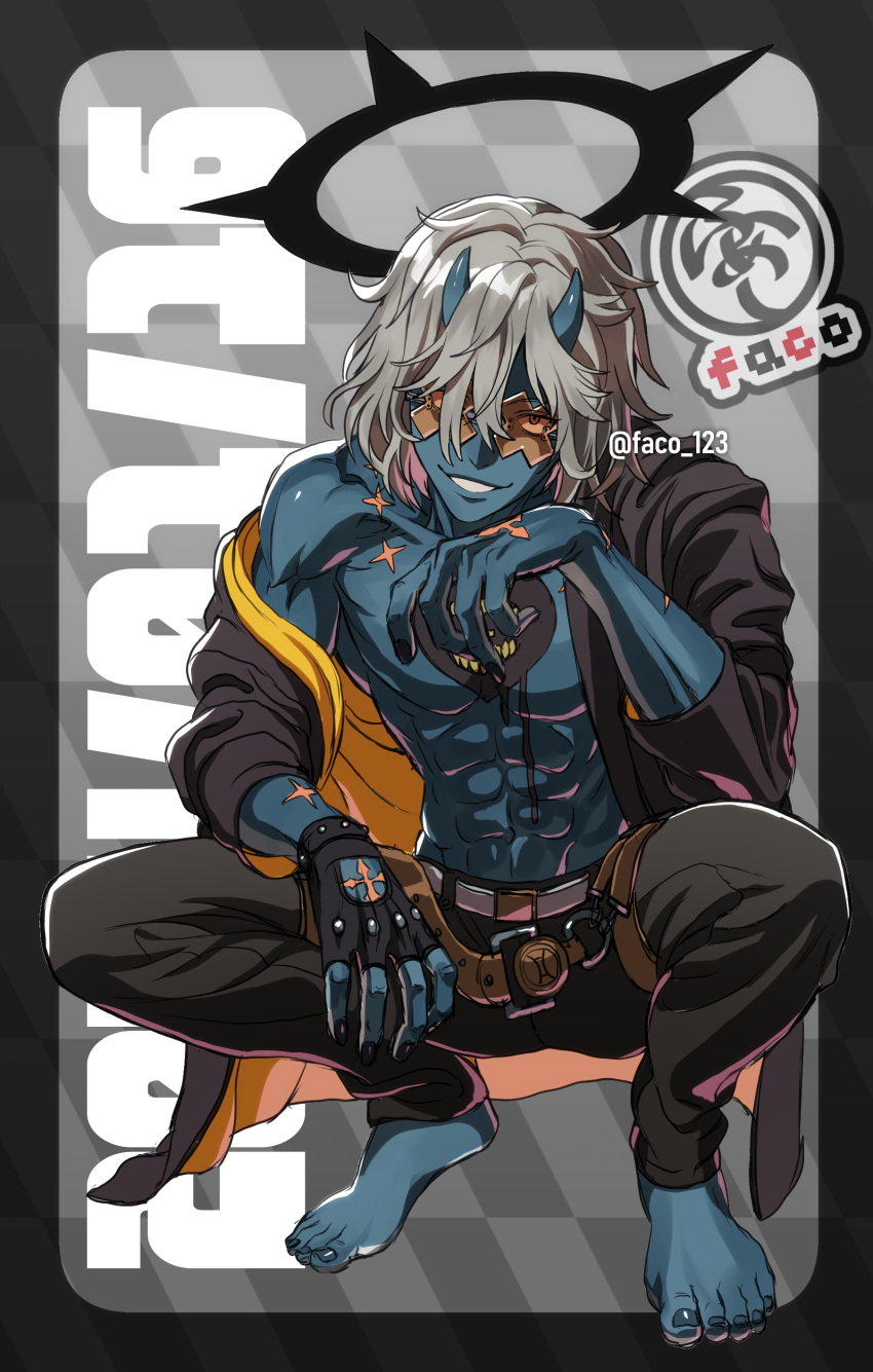 1boy absurdres black_gloves black_halo blue_horns blue_skin chest_tattoo colored_skin compass_rose_halo dark_halo faco fingerless_gloves gloves grey_hair guilty_gear guilty_gear_strive hair_between_eyes halo happy_chaos heart heart_tattoo highres horns long_sleeves looking_at_viewer male_focus orange-tinted_eyewear smile tattoo tinted_eyewear x-shaped_eyewear