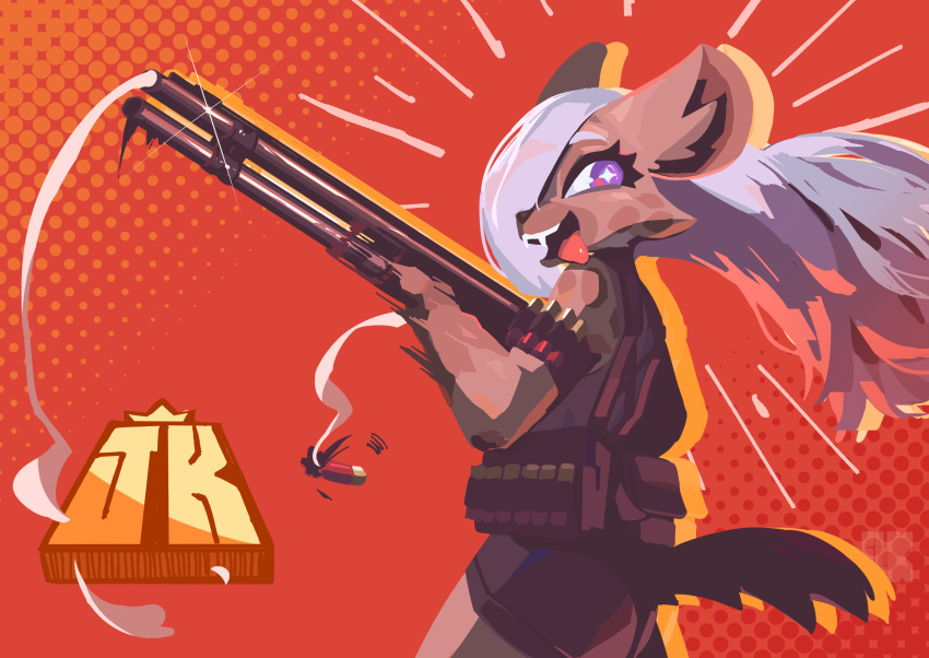 2024 absurd_res anthro bottomwear clothed clothing digital_media_(artwork) fangs female female_anthro fur gun hair hair_over_eye hi_res holding_gun holding_object holding_shotgun holding_weapon hyena jk_(kemokin_mania) kemokin_mania kemono long_hair looking_at_viewer looking_back looking_back_at_viewer mammal one_eye_obstructed open_mouth ranged_weapon shell_(projectile) shorts shotgun shotgun_shell solo spotted_hyena tail teeth tongue tongue_out weapon