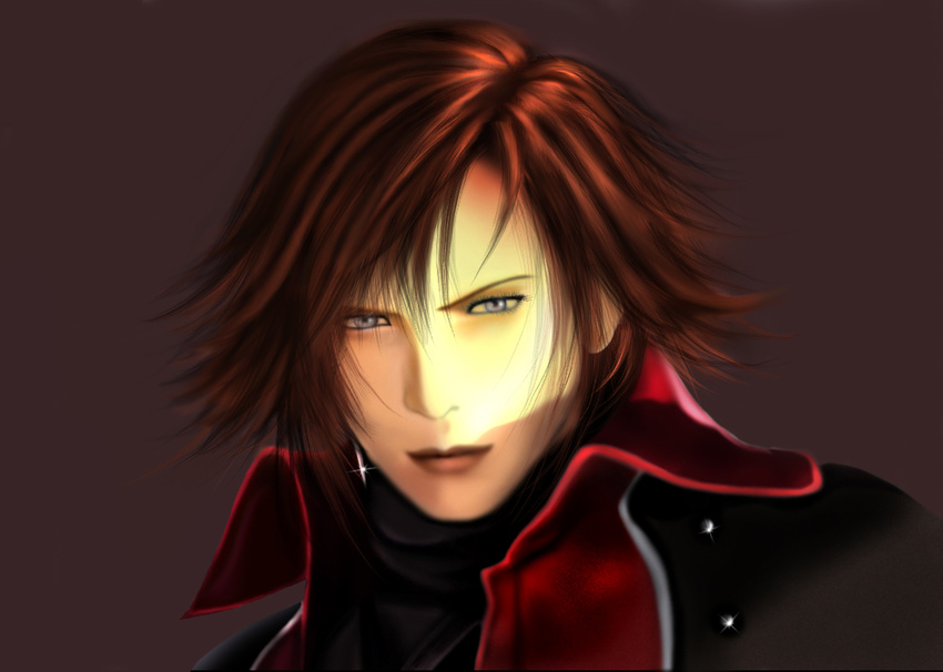 blue_eyes bust crisis_core_final_fantasy_vii earring final_fantasy final_fantasy_vii genesis_rhapsodos jacket looking_at_viewer male_focus red_hair red_jacket simple_background solo