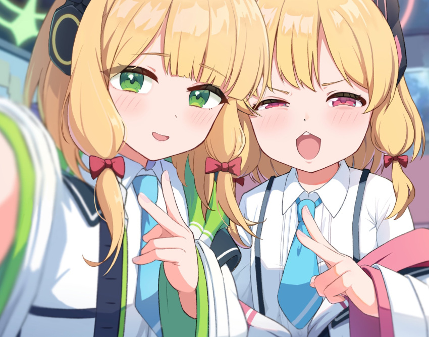 2girls animal_ear_headphones animal_ears blonde_hair blue_archive blue_necktie blush bow collared_shirt fake_animal_ears green_eyes green_halo hair_bow halo headphones highres jacket kouki7912f long_sleeves looking_at_viewer midori_(blue_archive) momoi_(blue_archive) multiple_girls necktie open_clothes open_jacket open_mouth pink_halo red_bow red_eyes shirt short_hair siblings sisters smile twins white_jacket white_shirt wide_sleeves