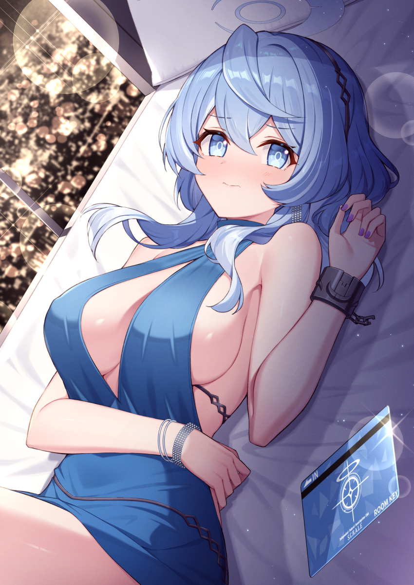 1girl ako_(blue_archive) ako_(dress)_(blue_archive) bed bed_sheet blue_archive blue_dress blue_eyes blue_hair blush breasts closed_mouth cuffs dress fingernails hair_between_eyes handcuffs highres large_breasts long_hair looking_at_viewer nail_polish official_alternate_costume pillow purple_nails sideboob solo t@ke-g