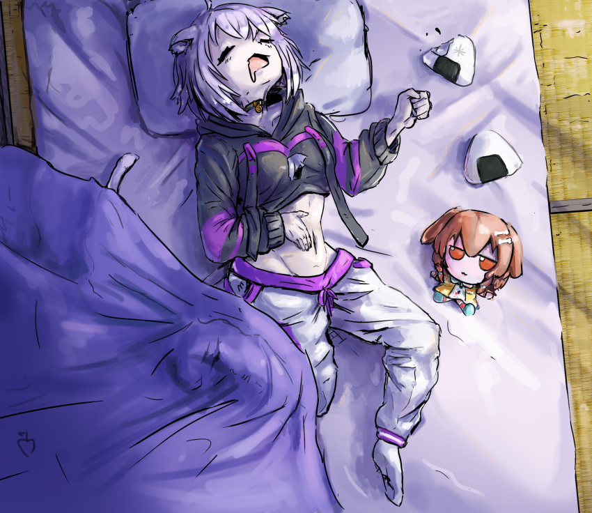 2girls animal_ears blanket cat_ears doll food fumo_(doll) futon highres hololive hood hoodie inugami_korone inugami_korone_(1st_costume) liamickpie multiple_girls navel nekomata_okayu onigiri pants pillow sleeping stuffed_toy yawning