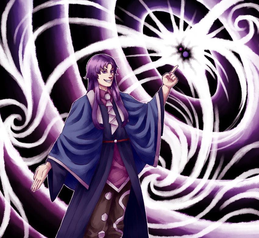 1other androgynous ascot blue_capelet blue_coat blue_sleeves brown_pants capelet casting_spell clause_(len'en) coat collared_shirt commentary english_commentary feet_out_of_frame grin len'en long_hair long_sleeves other_focus pants pink_shirt pointing purple_eyes purple_hair shirt sidelocks smile solo straight_hair visca white_ascot wide_sleeves