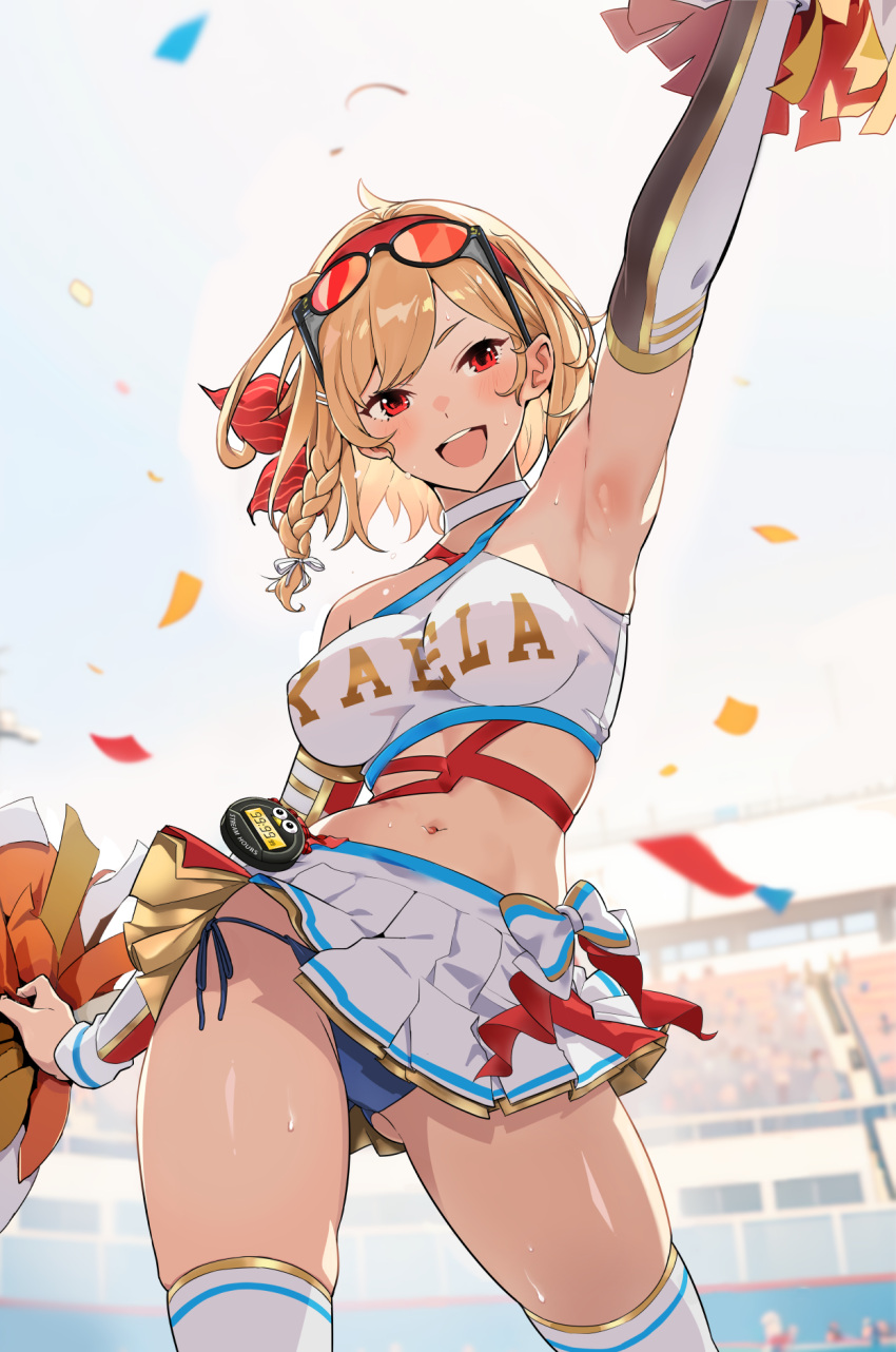 1girl alternate_costume arm_behind_back arm_up armpits ass_visible_through_thighs bare_shoulders blonde_hair blue_panties braid breasts cheerleader commentary confetti contrapposto covered_nipples cowboy_shot crop_top detached_sleeves english_commentary eyewear_on_head from_below hairband highres holding holding_pom_poms hololive hololive_indonesia kaela_kovalskia medium_breasts medium_hair midriff miniskirt navel open_mouth outdoors panties pantyshot pleated_skirt pom_pom_(cheerleading) popo_(popo0cat) presenting_armpit red_eyes revision ribs side_braid skirt smile solo stadium standing sweat thighhighs thighs tinted_eyewear underwear virtual_youtuber zettai_ryouiki