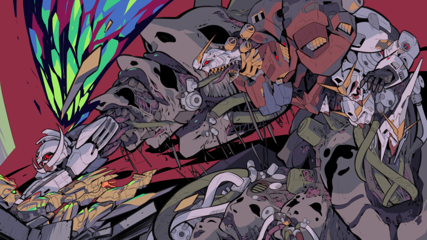 armor battle biomechanical body_horror debris devil_gundam energy_wings extra_faces g_gundam god_gundam green_eyes gundam hose joints lips mecha mk-5 mobile_suit monster moonlight_butterfly multicolored_armor multiple_heads no_humans nose nostrils red_armor red_background red_eyes robot robot_joints science_fiction sharp_teeth teeth tongue turn_a_gundam turn_a_gundam_(mobile_suit) vent_(object) white_armor wire