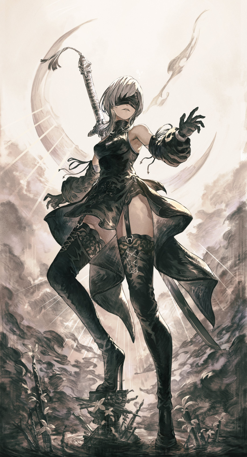 10h_(nier_reincarnation) 1girl absurdres black_blindfold black_dress black_gloves black_hairband black_thighhighs blindfold breasts covered_eyes detached_sleeves dress full_body garter_straps gloves hairband hand_up high_heels highres long_sleeves medium_breasts moon nier_(series) nier_reincarnation pip_(red_juice1869) puffy_sleeves solo sword sword_on_back thighhighs weapon weapon_on_back white_hair