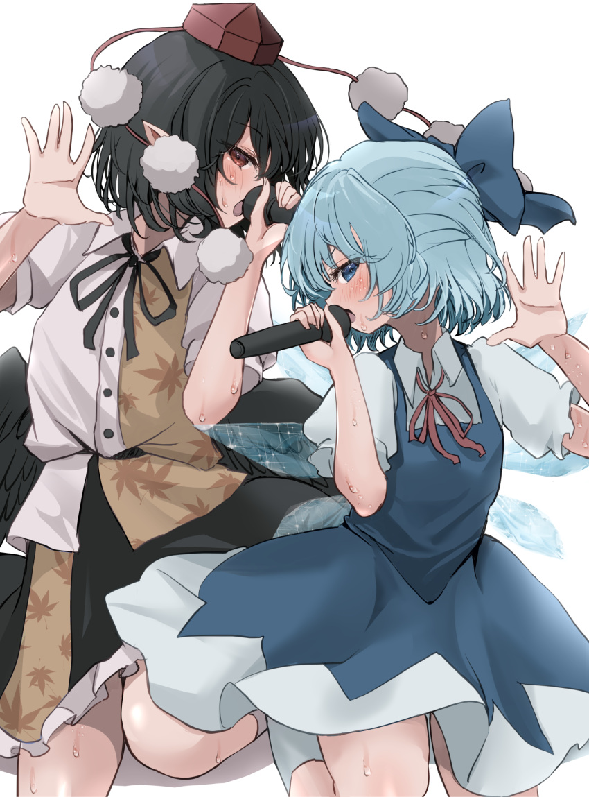 2girls bird_wings black_hair black_skirt black_wings blue_bow blue_dress blue_eyes blue_hair blush bow cirno collared_shirt dress fairy feathered_wings frilled_skirt frills hair_bow hat highres holding holding_microphone ice ice_wings microphone mikan_(manmarumikan) multiple_girls open_mouth pinafore_dress pointy_ears pom_pom_(clothes) puffy_short_sleeves puffy_sleeves red_eyes red_headwear shameimaru_aya shirt short_hair short_sleeves simple_background skirt sleeveless sleeveless_dress tokin_hat touhou white_background white_shirt wings