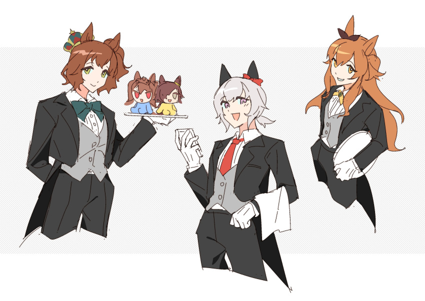 3girls aston_machan_(umamusume) black_jacket black_pants bow bowtie brown_hair character_doll closed_mouth collared_shirt cropped_legs crown curren_chan_(umamusume) ear_bow gloves gocic green_eyes grey_hair grey_vest highres holding holding_tray jacket long_hair long_sleeves mayano_top_gun_(umamusume) multiple_girls necktie open_clothes open_jacket open_mouth orange_hair pants pink_eyes red_necktie shirt short_hair side_ponytail smile tailcoat towel tray umamusume vest vodka_(umamusume) white_gloves white_shirt yellow_eyes