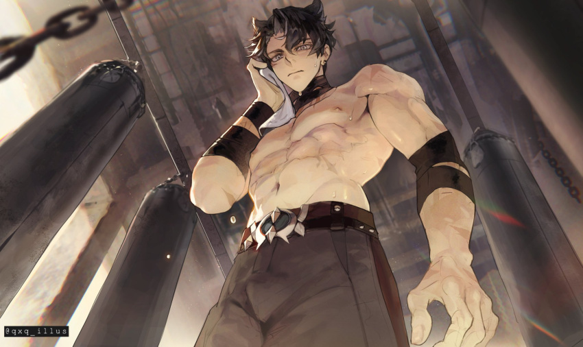 1boy abs bandaged_arm bandaged_neck bandages belt biceps black_hair chain denim genshin_impact highres holding holding_towel jeans looking_at_viewer looking_down muscular muscular_male pants pectorals punching_bag qxq_illus sweatdrop topless_male towel wiping_face wriothesley_(genshin_impact) yellow_eyes